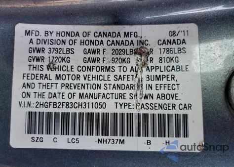 2012 Honda Civic Ex from USA, damaged, VIN 2HGFB2F83CH311050